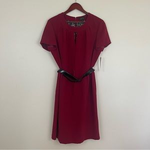 Tahari Arthur S Levine Scoop Neck Belted Short Sleeve Shift Dress Size 16